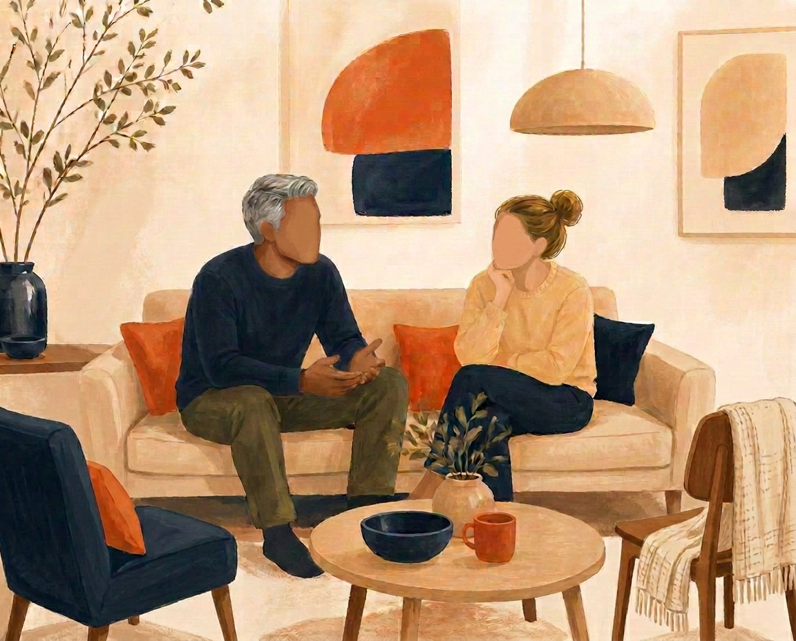 Illustratie van een man met grijs haar die praat en een vrouw die aandachtig naar hem luistert in een huiskamer