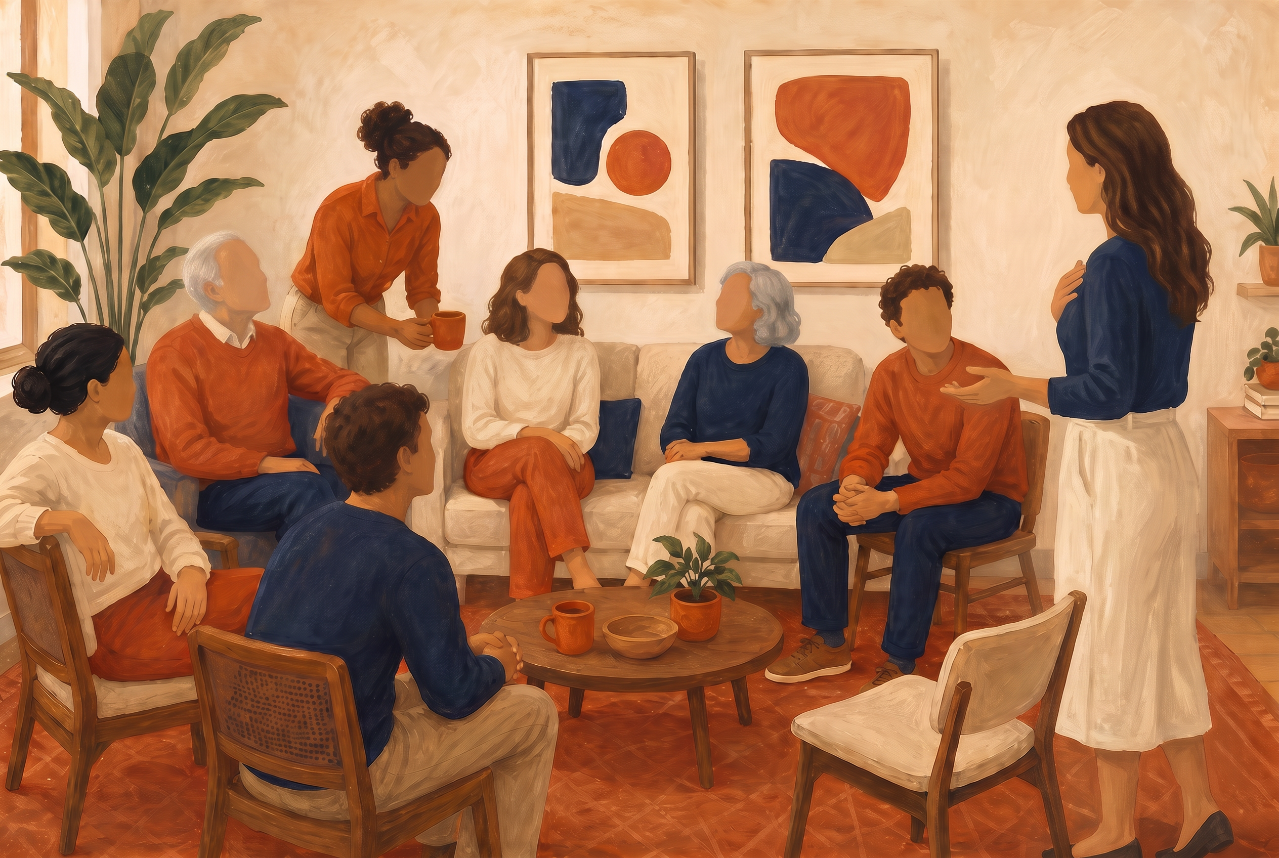 Illustratie van mensen die samen in gesprek zijn, met een coördinator die staand vertelt